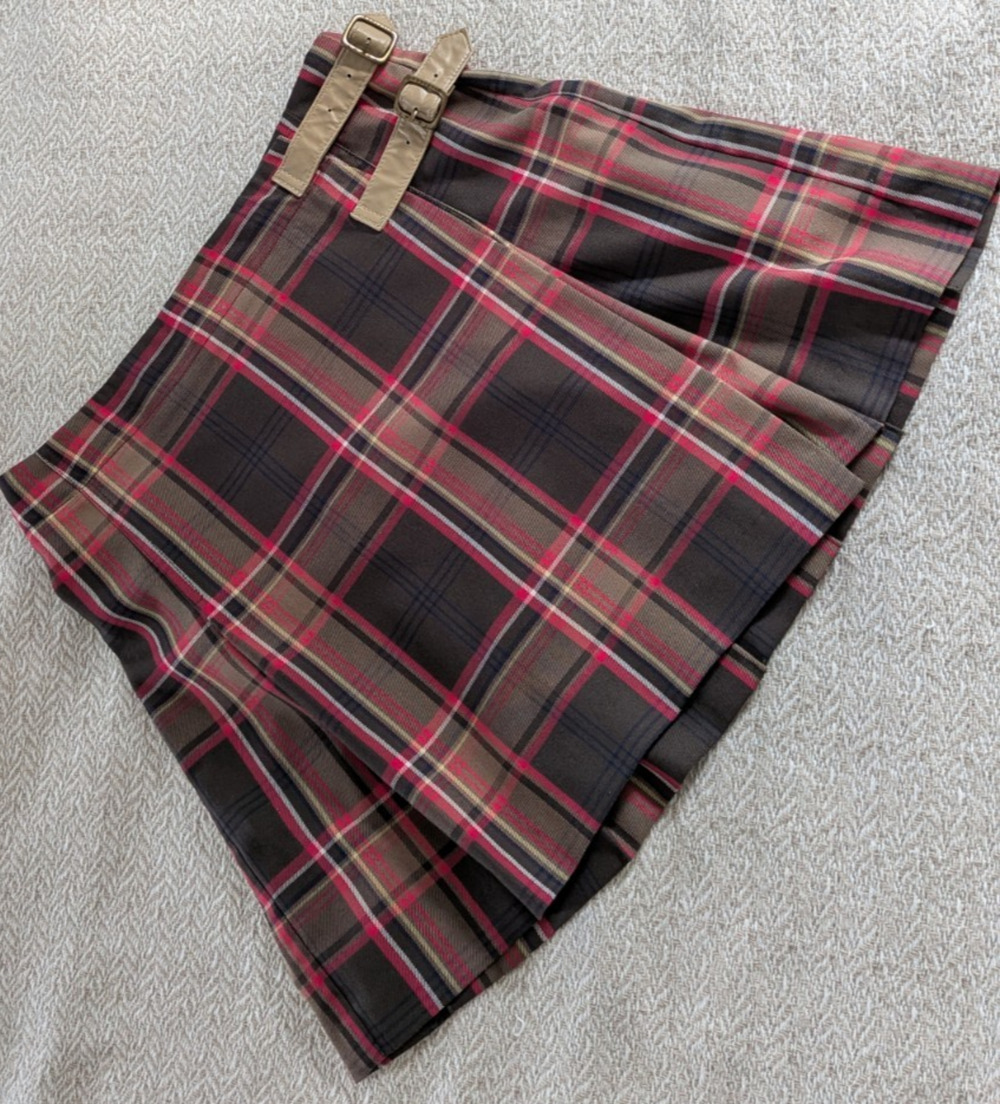 Tommy Hilfiger Plaid Kilt Mini Skirt Petite 4P Brown Pink Buckle Preppy Academia